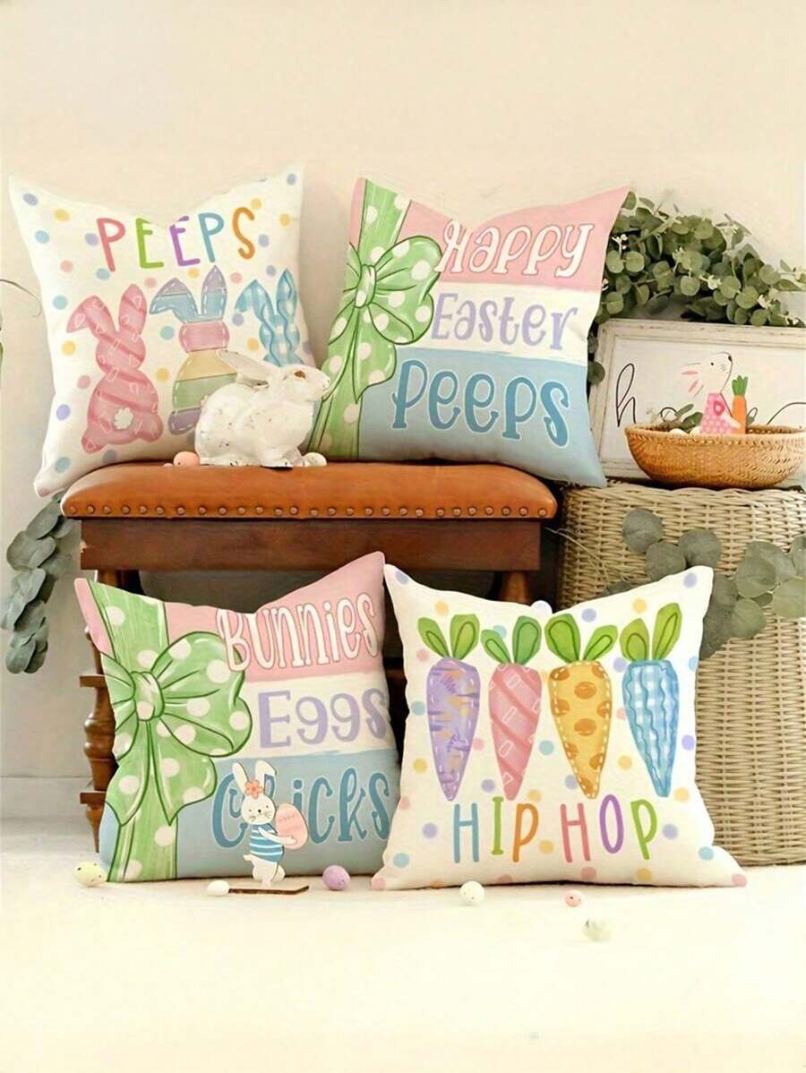 1/4pcs Easter Striped Carrot And Rabbit Print Throw Pillow Covers, 45cm X 45cm, Decorative Gift For Your Home, Living Room, Bedroom, Car (Without Pillow Inserts, Single-Sided Printing),Holiday Party Decorations, Easter Decorations, Home Decoration, Home Decor Gifts Birthday Graduation