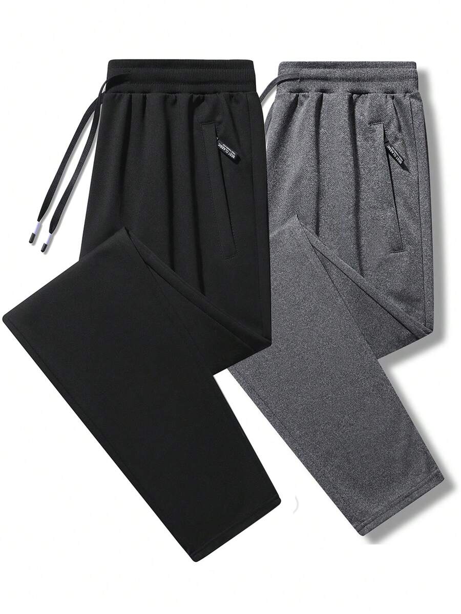 2 buc pantaloni casual confortabili pentru bărbați cu buzunare cu fermoar, pantaloni sport tricotați cu picior drept pentru ieșiri de primăvară și toamnă