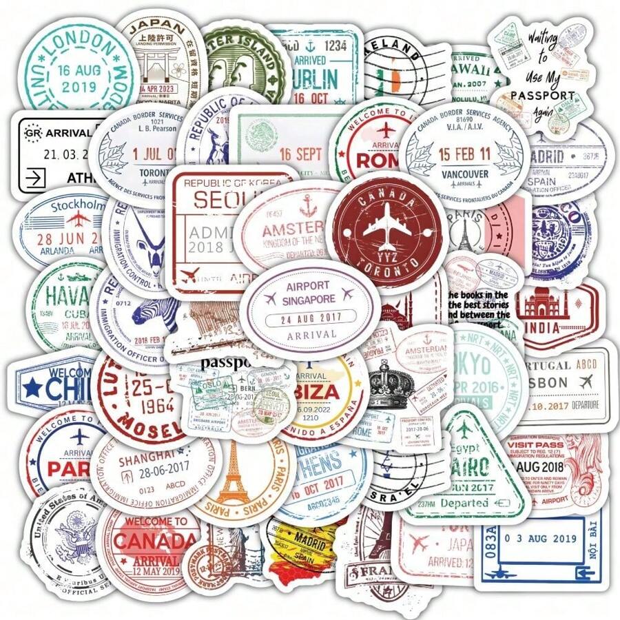 60pcs Passport Stamp Stickers, Funny & Cute Cartoon Stickers,Suitable For DIY Phone Cases, IPad, Laptop Decorations, Car Bumpers, Skateboards, Bottle Stickers, Travel Album And Diary Stickers, Hand Book Decorations, Etc.