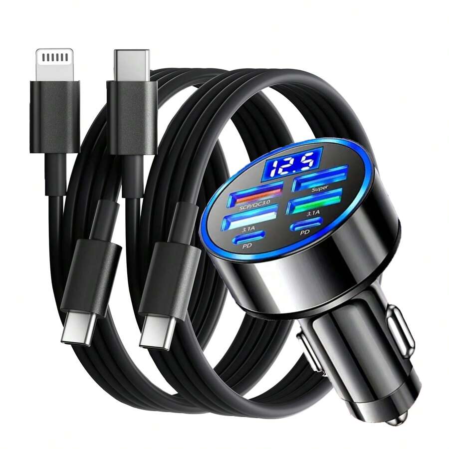 Adaptador de cargador de coche de 6 puertos 90W con carga rápida, cable de carga de 3.3FT/100CM, cable de datos USB-C a Type-C/Apple IOS compatible con iPhone, set de adaptador de carga de coche