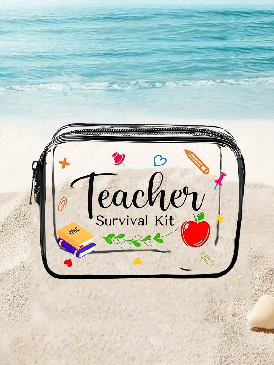 1 pièce Meilleur sac de maquillage transparent imprimé en PVC pour les enseignants, sac de plage imperméable, sac de rangement transparent, sac de toilette pour le voyage, le camping, l'école, la salle de bain, la chambre d'étudiant, le rangement des outils de maquillage, unisexe, cadeau parfait pour les amis, les enseignants, la mère, les indispensables de voyage, sac de toilette de voyage, rangement de maquillage, vacances, fournitures scolaires, essentiels de voyage, pour femmes, pour la chambre d'étudiant