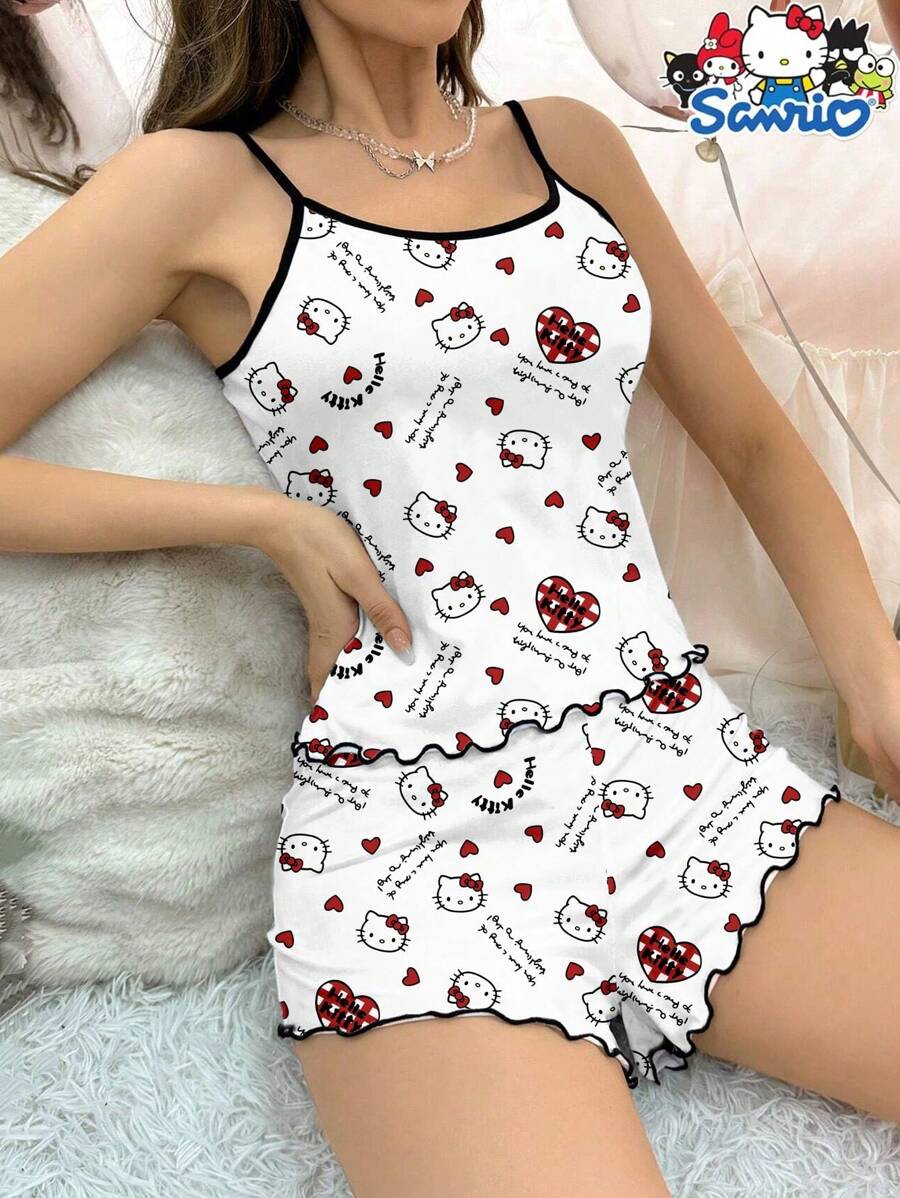 Sanrio 2 pezzi Set pigiama Sanrio Hello Kitty, canotta e pantaloncini con stampa a lettere e cartoni animati, pigiama comodo