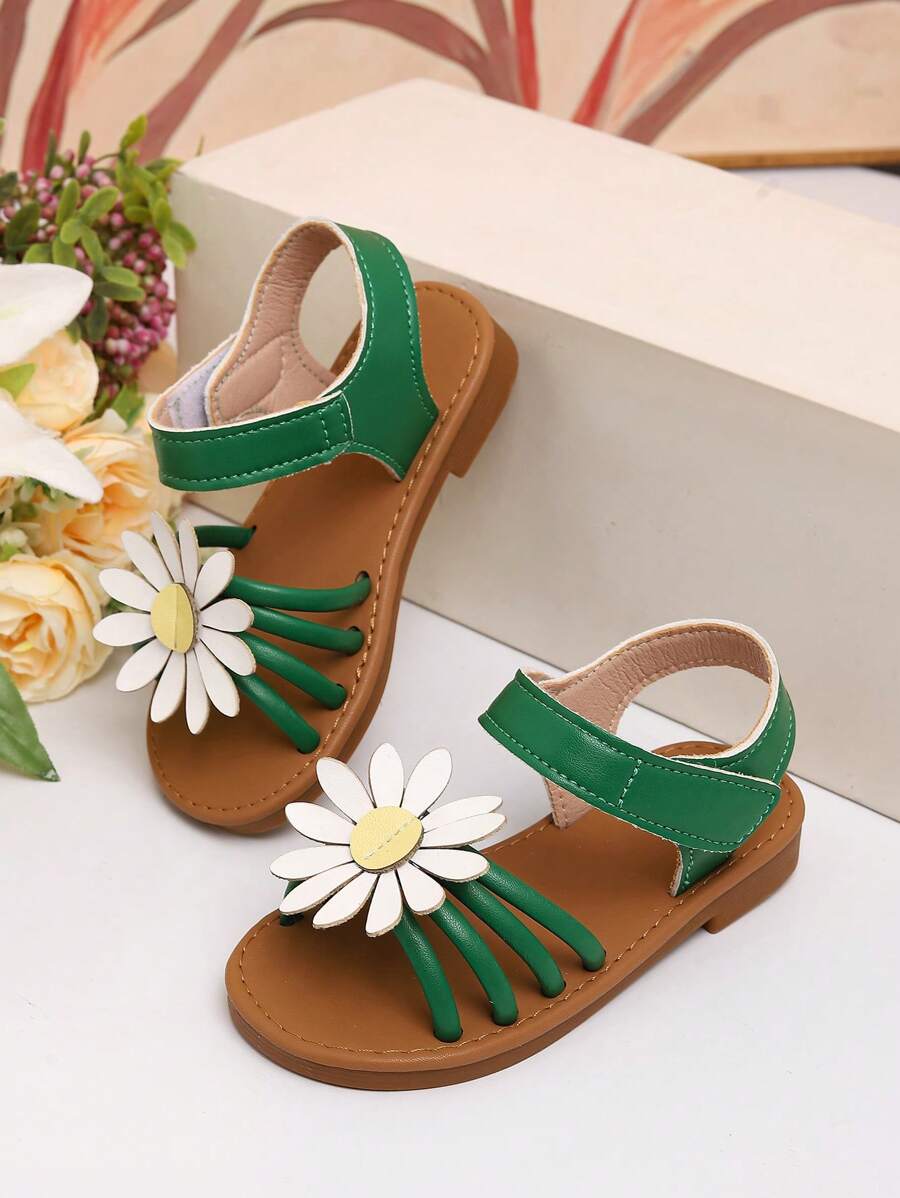 Sandálias para meninas verão novo estilo fundo macio gancho e laço margarida bico aberto bonito menina princesa sapatos