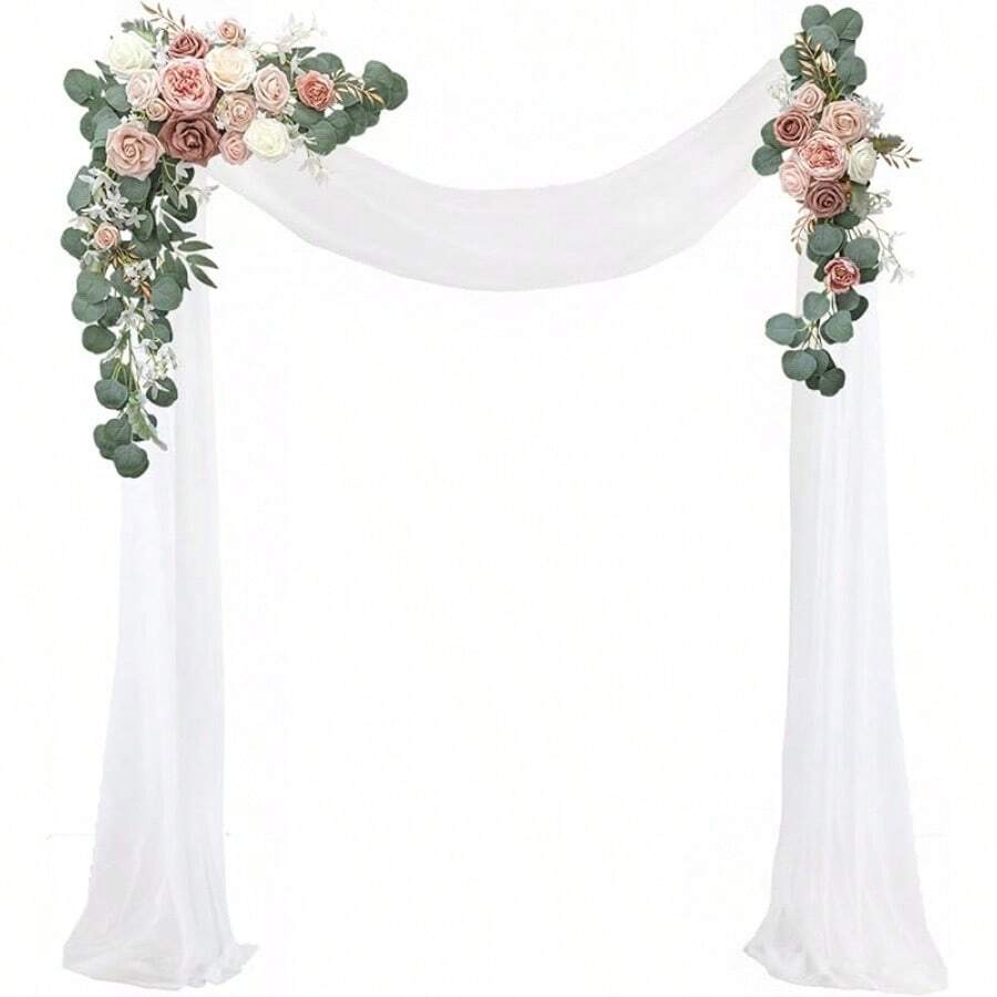 Artificial Flowers Wedding Arch Decoration Kit (Pack Of 3) - 2pcs Aobor Flower Arrangement & 1pc Chiffon Drape For Wedding Ceremony Backdrop Decoration, Elegant Dusty Rose