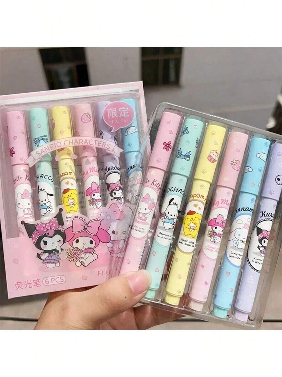 Sanrio Sanrio Hello Kitty Highlighter Pen Set Kawaii Kuromi Melody Cinnamoroll Art Fluorescent Markers Pens School Stationery