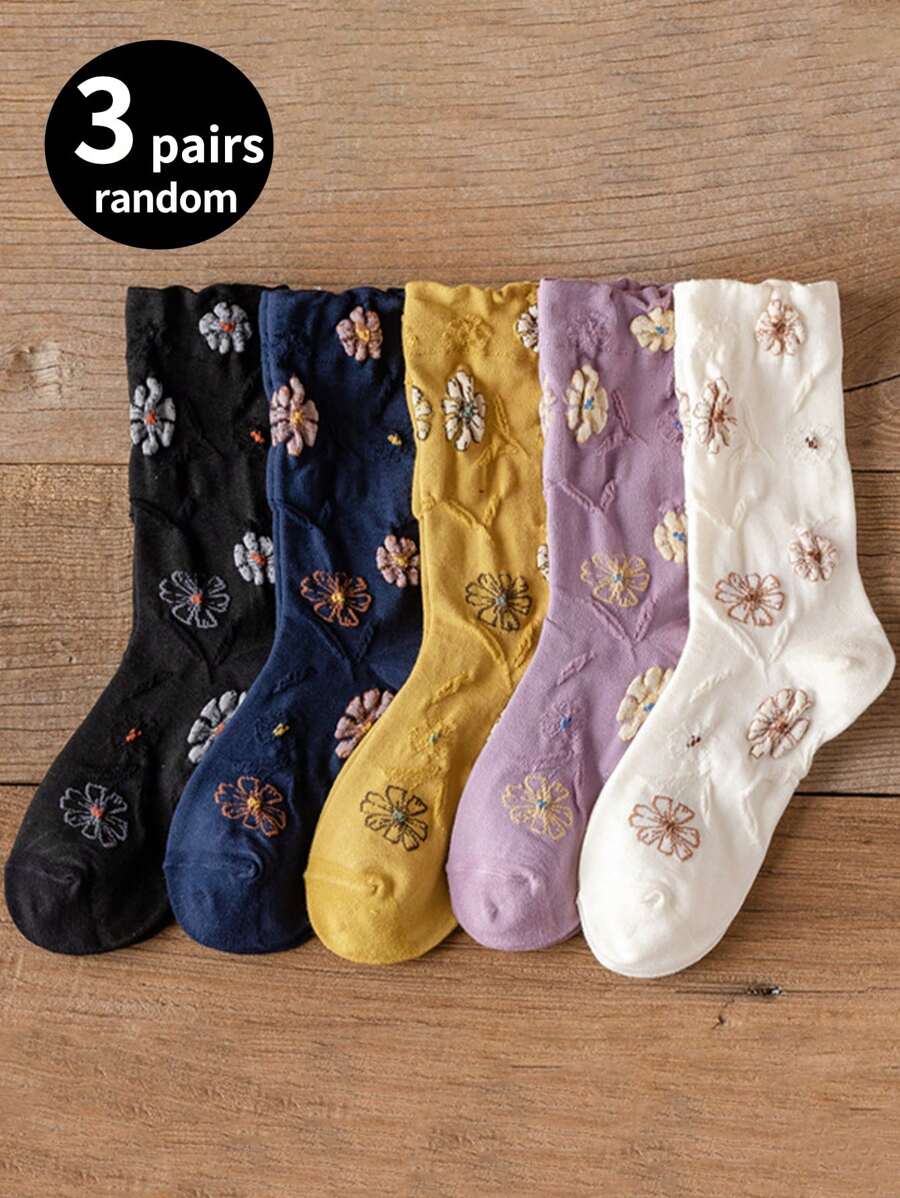 3 Pairs Random Women Floral Pattern Mid-Calf Socks, Cute Fashion Casual Breathable Sports Socks For Spring/Autumn, Suitable For Daily Wear