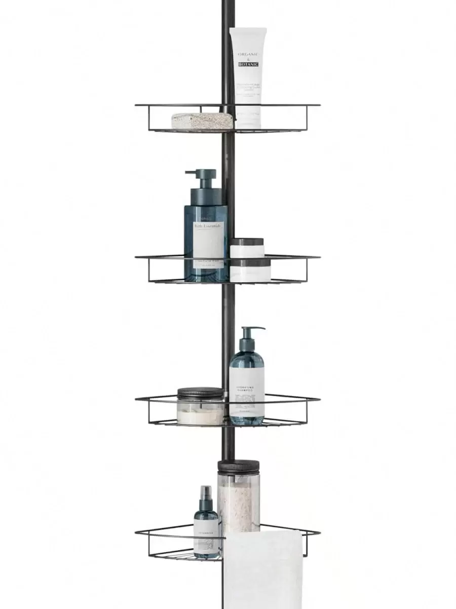 Tension Pole Shower Caddy With 4 Basket Shelves With Towel Bars, Matte Black, 60-97 Inch – Rust-Resistant Corner Shower Organizer – Adjustable Bathroom Shower Rack For Bath Essentials