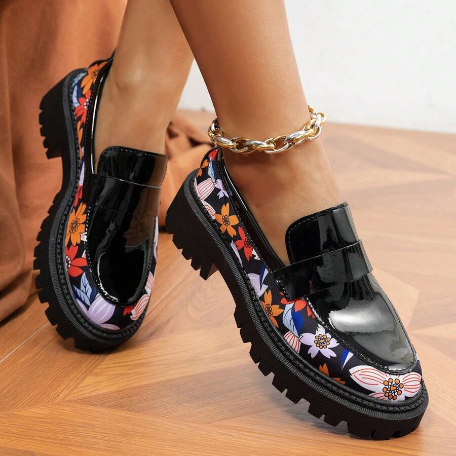 Nuevos mocasines de punta redonda versátiles de estilo casual con estampado floral, zapatos de plataforma de estilo Mary Jane para mujer