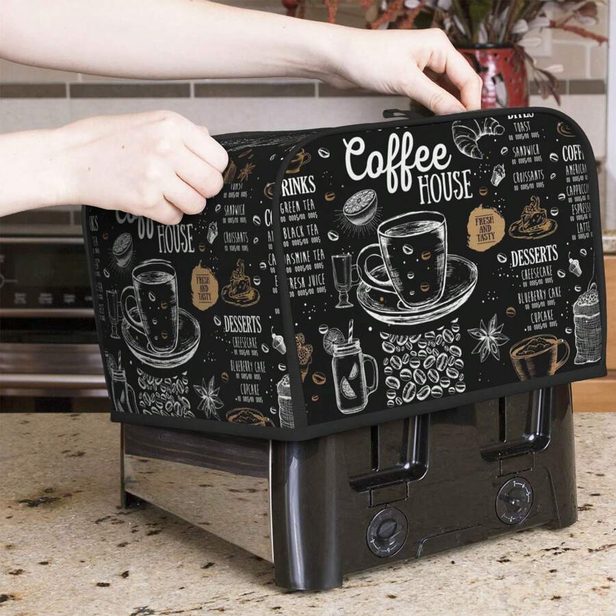 1 buc. Husă pentru prăjitor de pâine retro, capac de praf pentru prăjitor de pâine cu tematică de cafea, capac lavabil pentru aparat de prăjitor de pâine cu cârlig de agățat superior, se potrivește cu prăjitorul standard de 2/4 felii