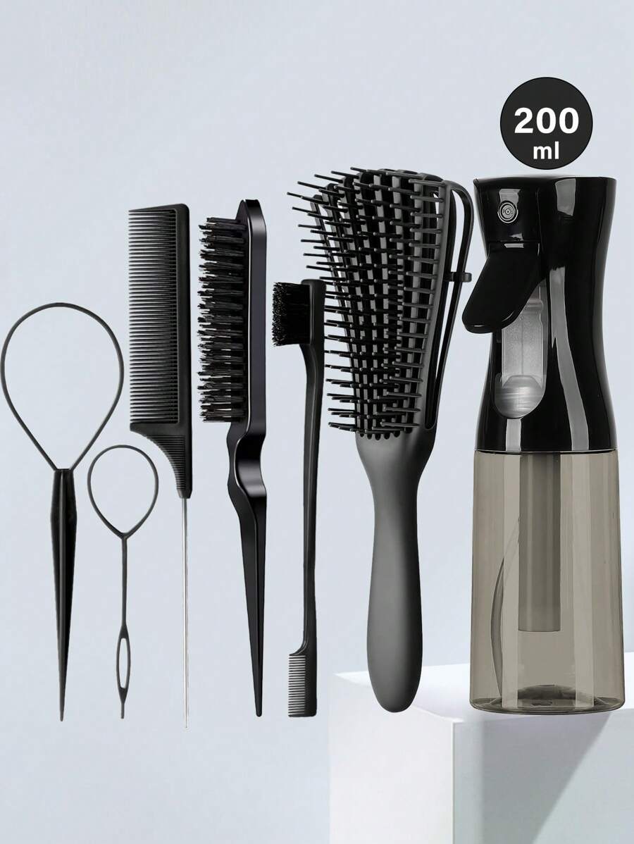 7 pièces/set Outils de coiffure, Set de peignes de coiffure, Bouteille de vaporisation transparente de 200 ml, Brosse à cheveux effilochée, Peigne à queue de rat, Brosse pour les bords et l'arrière pour le brossage, le peignage, le coiffage des cheveux pour les femmes, les voyages, l'extérieur, le sport, le bureau, l'école, accessoires capillaires