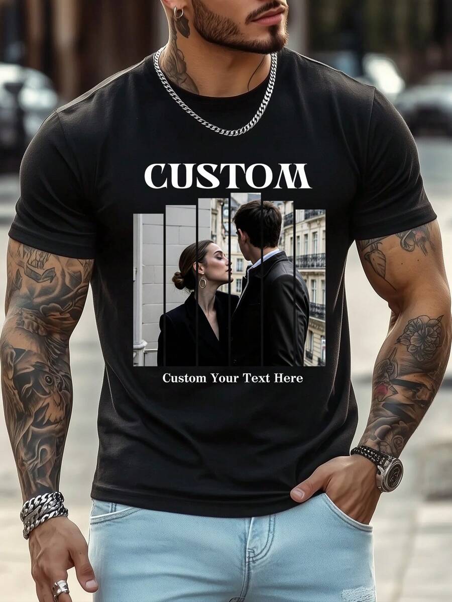 Camiseta personalizada con texto/foto impresa para hombres, suba su foto/pareja/amigo/familia/mascota, camiseta de manga corta negra para primavera/verano, regalo para fiestas, aniversario, uniforme de equipo, atuendo de festival de música, regalo para él, camiseta casual de cuello redondo para hombres, atuendo para fiesta, regalo para el Día de San Valentín, camiseta de manga corta negra, ropa casual de hombre, manga corta de primavera/verano