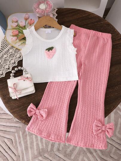2pcs Girls Toddler Elegant School Style Strawberry Print Vest Top + Long Pants Lightweight Summer Set