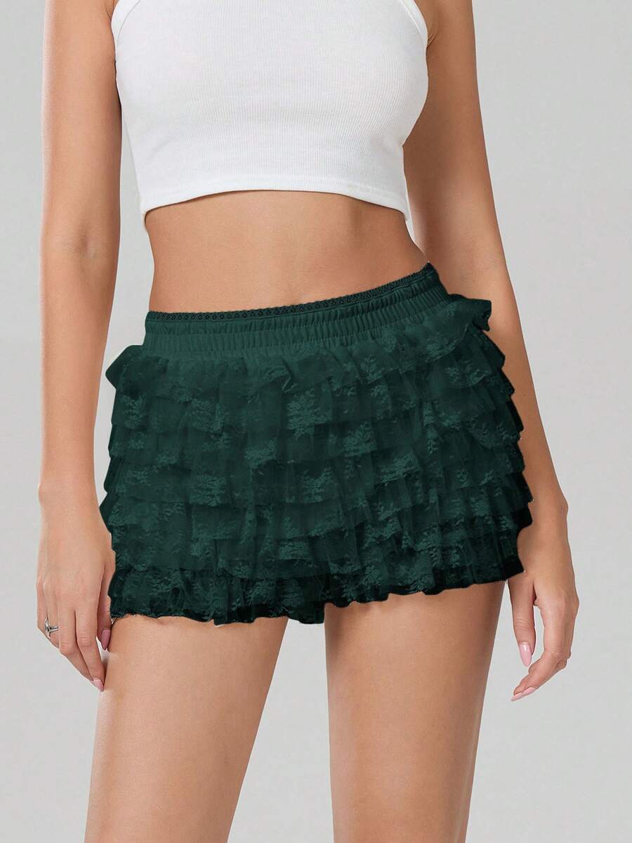 Pantalones cortos de pijama para mujer con volantes de encaje en capas y cintura elástica, cómodos shorts de dormir de verano para uso casual