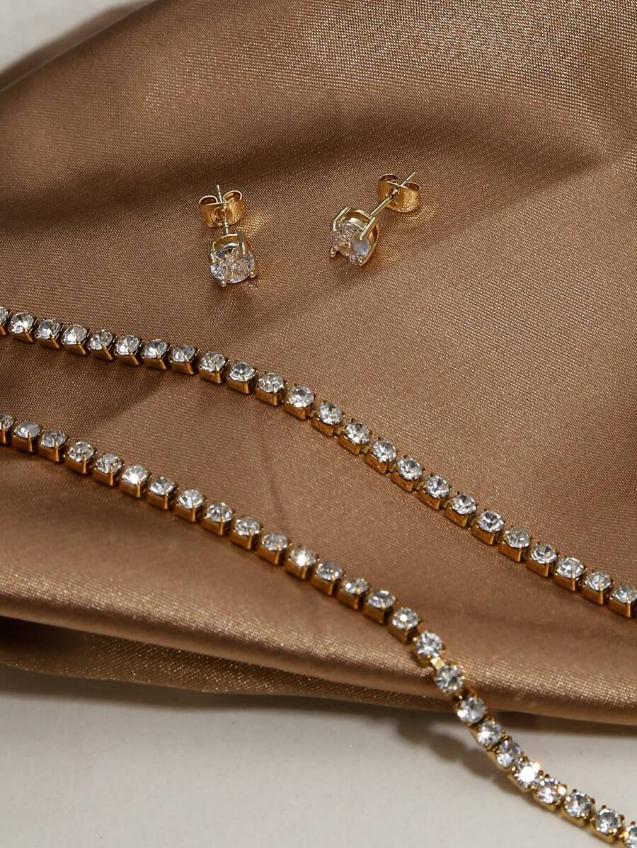 3-delige vergulde sieradenset 1 tennisketting 1 paar glanzende oorbellen 14-karaats vergulde strasskettingen en CZ-oorbellen voor vrouwen Meisjes Valentijnsdag Jubileum Verjaardag Vriendschap Cadeau, moeder, moeder, Moederdag, cadeau