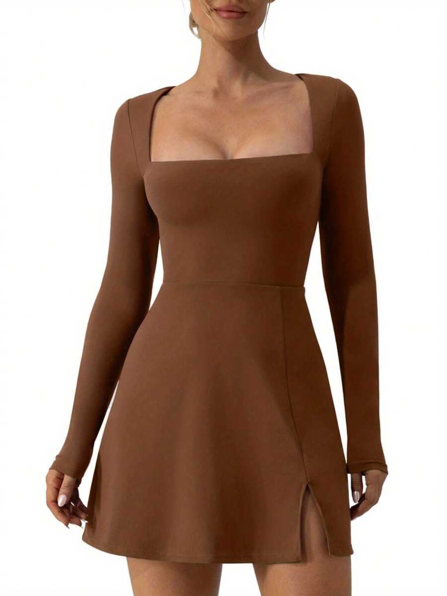 Women Plus Size Slim Fit Short Dress Solid Color Long Sleeve Square Neck Split Hem Party Dress