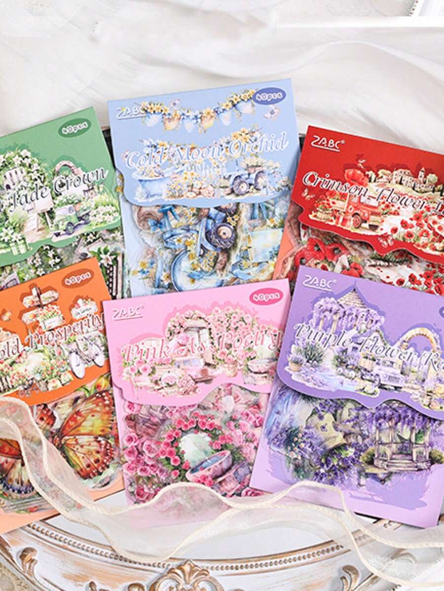Paquete de 40 pegatinas con diseño de flores retro - Pegatinas decorativas impermeables con diseños florales y de elementos de uso diario, ideales para manualidades, decoración de cuadernos y proyectos de bricolaje
