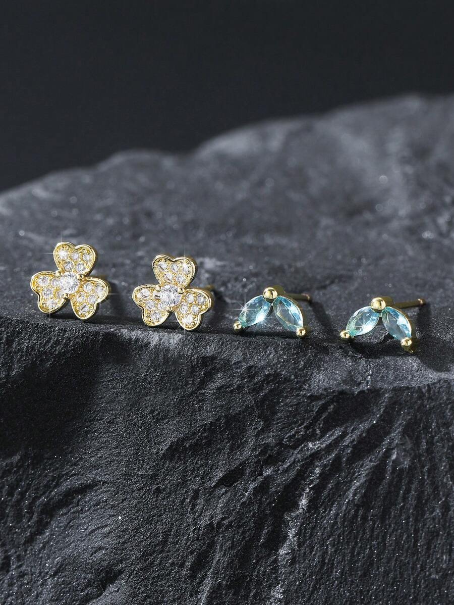 2 Pairs 4pcs Elegant Shiny Rhinestone Clover Stud Earrings, Copper Inlaid Mint Green Zirconia Eye-Shape Fashion Earrings