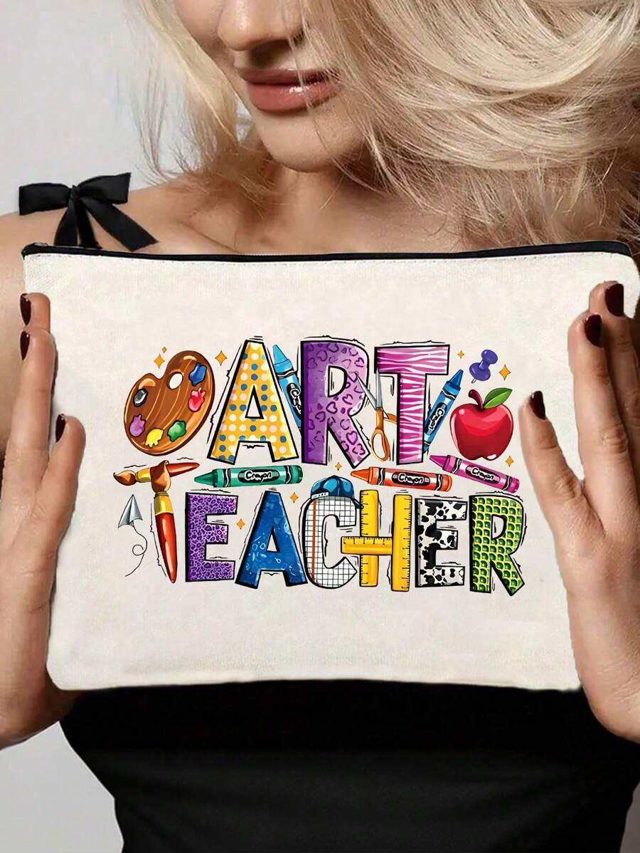 Art Teacher Themed Cosmetic Case - Fashionable Hand-Held Makeup Pouch, Non- Fabric Clutch With TSA Approved Design, Ideal Gift For Friends - Beige, Hand Washable Makeup Bag Travel School Supplies Travel Essentials Make Up Bag Holiday Essentials Cosmetic Bag Makeup Bags Makeup Organizer Holiday Winter Leopard Print Sausage Dog Women Gifts For Women