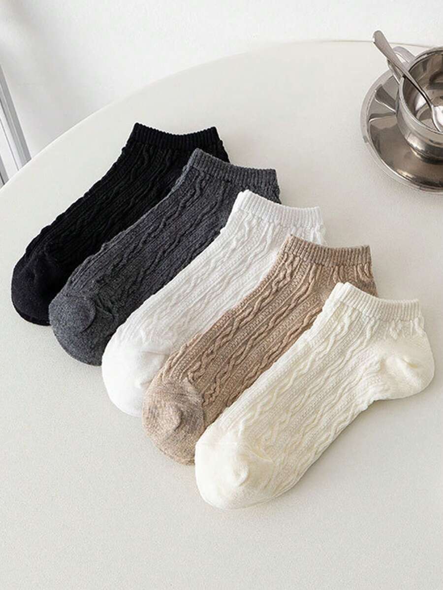 5 Pairs Women's Solid Color Simple Cable Knit Athletic Style Breathable Ankle Socks