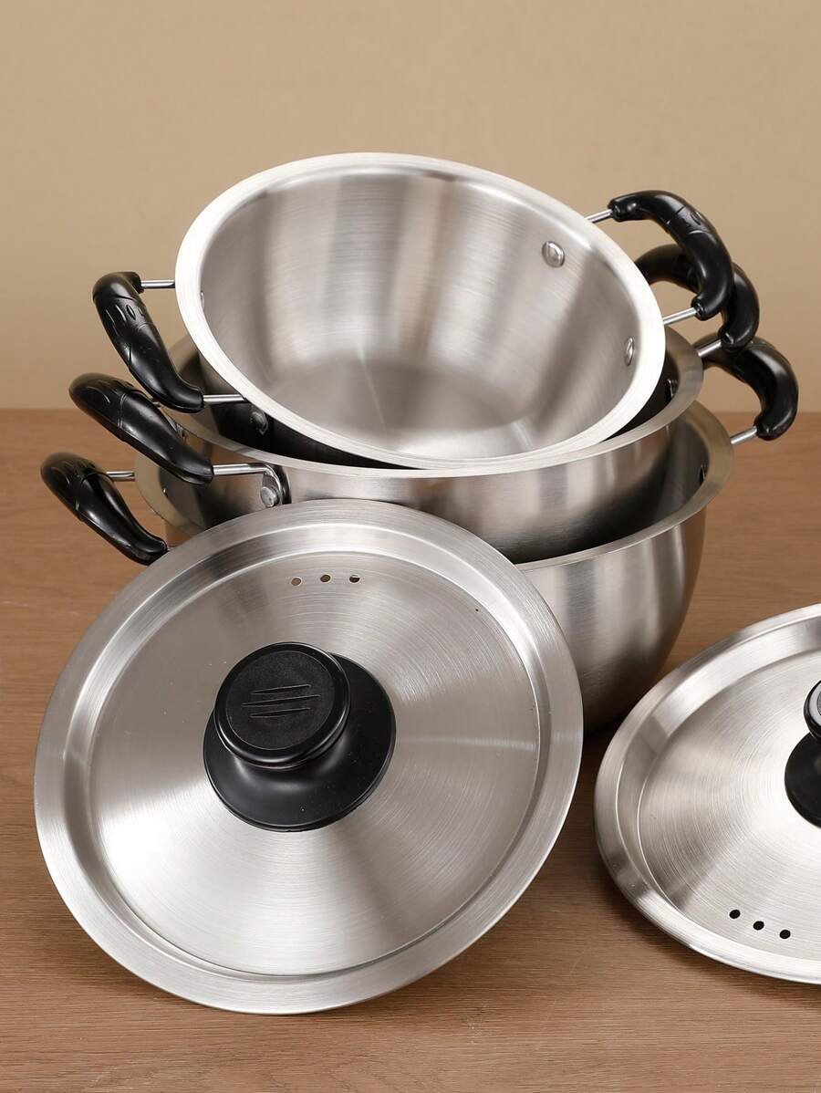 3-delige set instant noedelpannen van roestvrij staal (Koreaanse stijl, geschikt voor verschillende scenario's: restaurants, thuiskeukens, enz. Inclusief 3 verschillende maten pannen: klein als babyvoedings- of rijstpan, medium als instant noedelpan of soeppan voor koppels, groot als familiesoeppan en kleine hotpot)
