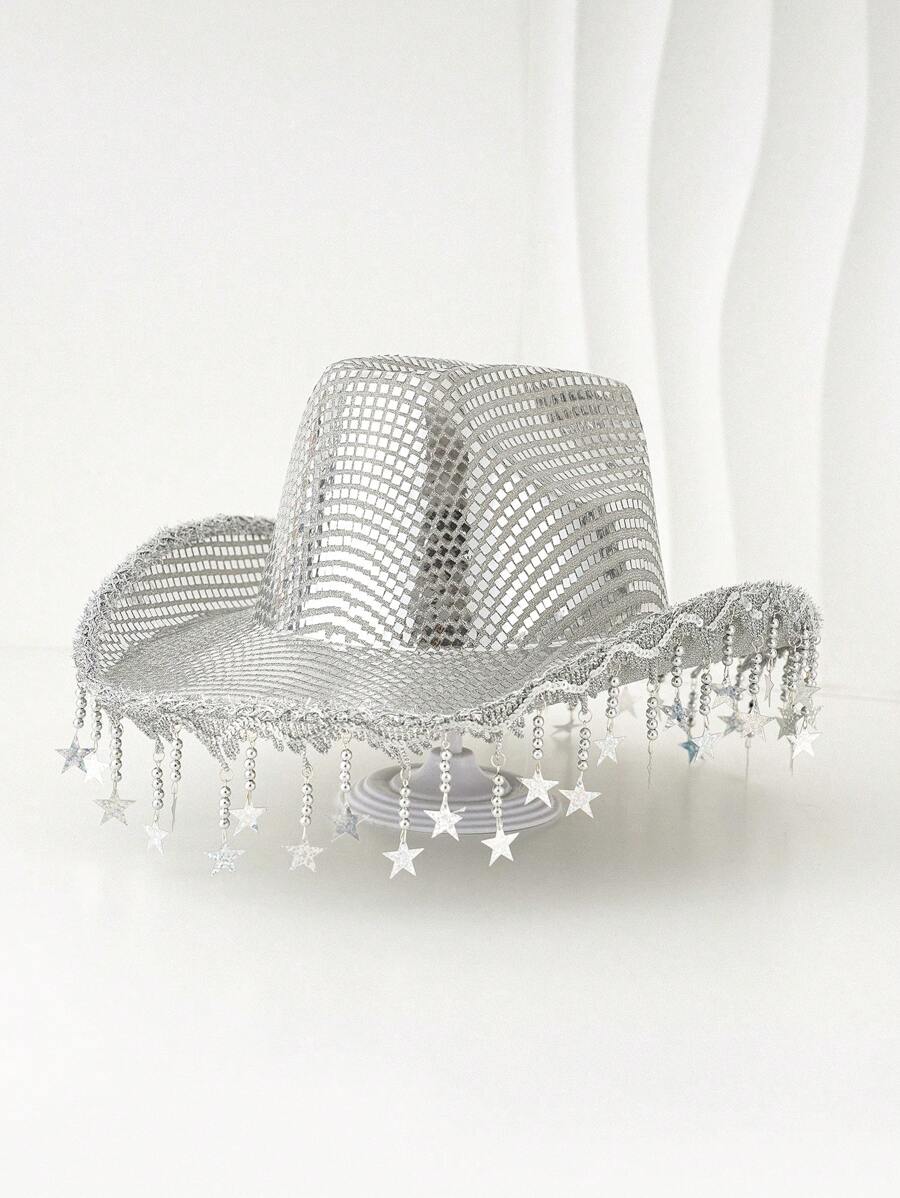 1 Peça Chapéu de Festa Unissex, Retalhos Únicos Brilhantes, Borla em Forma de Estrela, Estilo Ciberpunk Holográfico, Estética Y2K, Aparência Elegante e da Moda, Cheio de Personalidade, Adequado para Reuniões de Dia de Trabalho, Festivais de Música, Jantares em Parques ao Ar Livre, Eventos de Tema de Chapéu de Cowboy do Oeste, Cosplay, Festa a Fantasia, Baile de Festa, Festa na Praia, Apresentações no Palco
