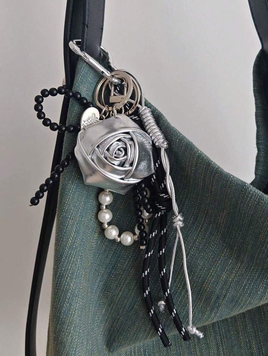 Zilveren PU-lederen rozentasbedels Strikhanger Sleutelhanger Parelkettinghanger Geschenken Bruidsmeisjesgeschenken Strikken Y2K-accessoires