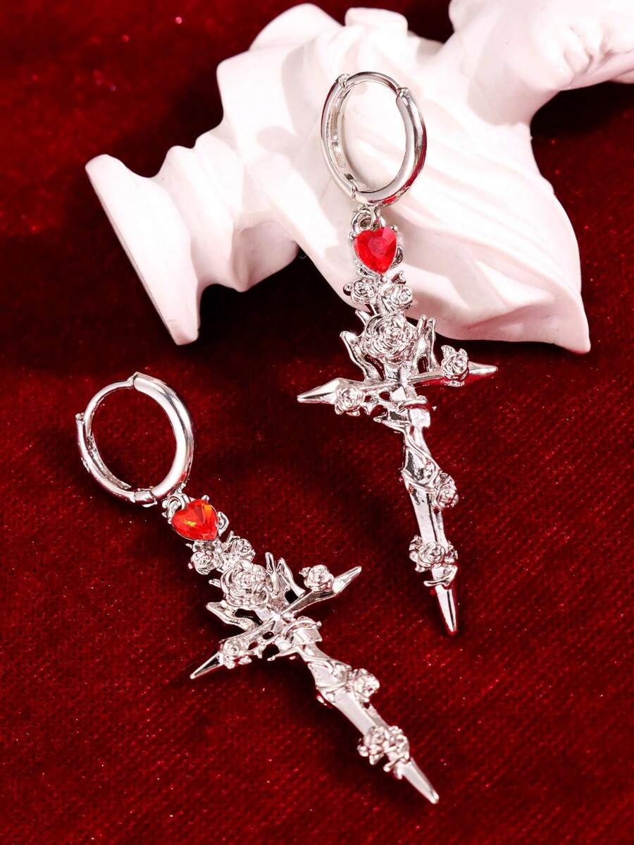1 Pair Cross Of Thorns And Roses - Piercing Earrings For Women, Original Dark Punk Style, Christmas Costume Jewelry, Gift For Boyfriend