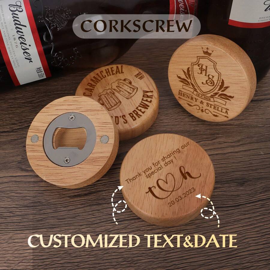 Abridor de botellas magnético personalizado, abridor de botellas de cerveza de madera creativo, se puede usar como imán para refrigerador, práctico abridor de bebidas y botellas de cerveza, imán decorativo magnético abridor de botellas, adecuado para regalos de boda, regalos para padrinos de boda y damas de honor, recuerdos de boda