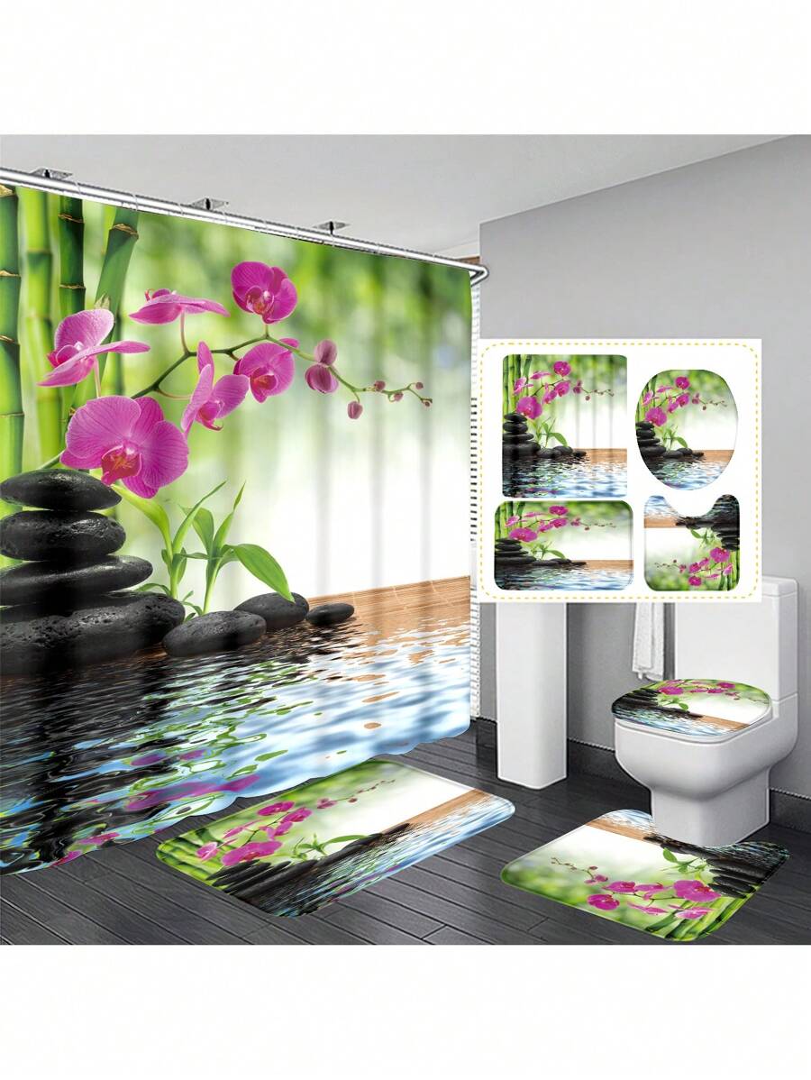 1pc/4pcs Bamboo Waterfall Pattern Shower Curtain Set, Waterproof Shower Curtain With 12 Hooks, Bathroom Rug, U-Shape Toilet Mat, Toilet Lid Cover, Bathroom Divider, Bathroom Accessories, Bathroom Decor