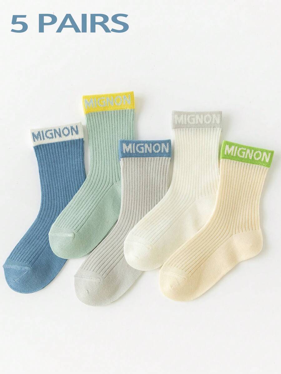 5 Pairs Boys Thin Mesh Vertical Stripe & Letter Pattern Crew Socks, Fresh Colors, Breathable, Lightweight, Elastic, Ankle Height, Suitable For Spring/Summer