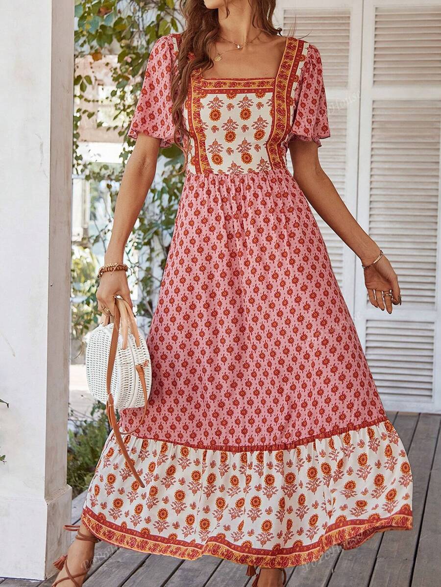 Robe évasée à manches courtes, col carré, imprimé floral élégant, été 2025 resort, pour femmes PoPoHouse