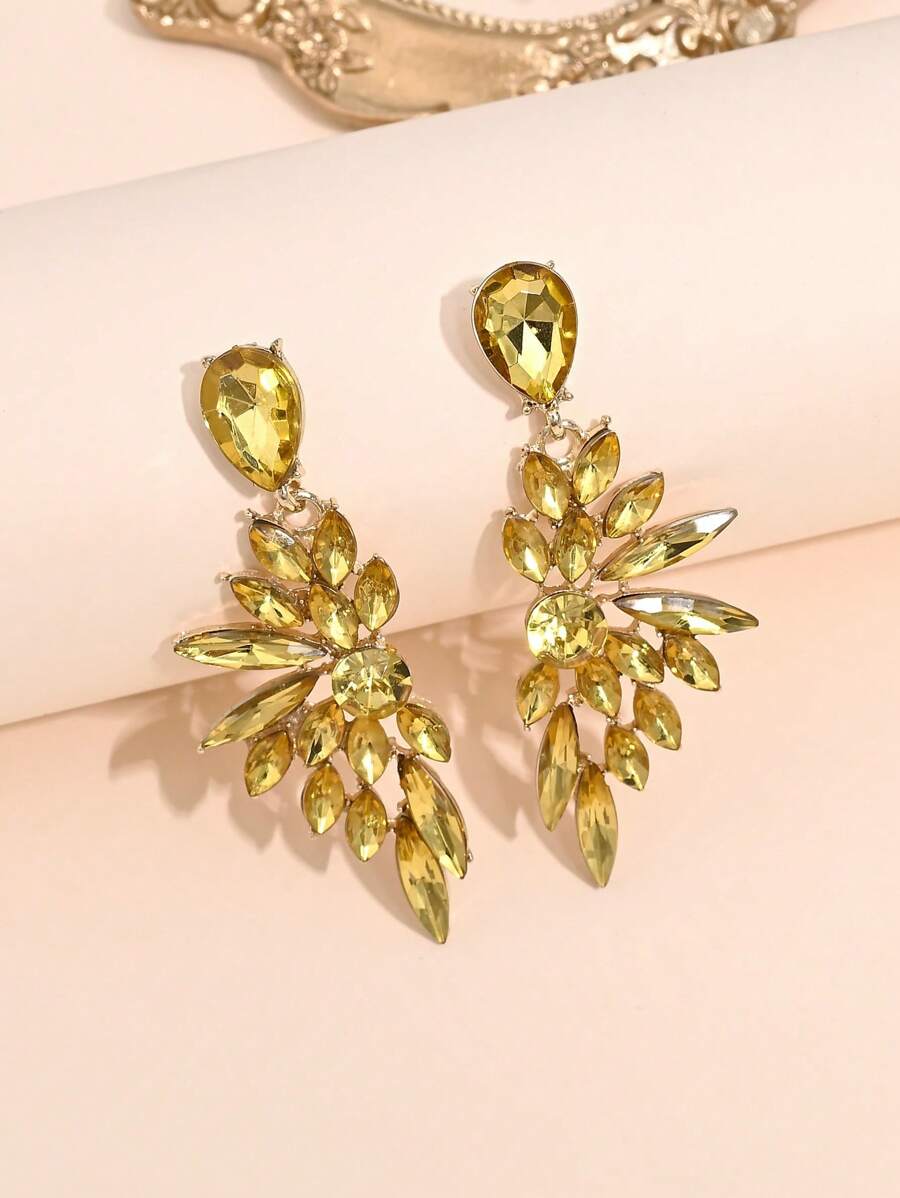 1 par de Pendientes de lujo con diseño de ala larga y cristales, de forma de hoja hueca, exquisitos para fiestas de alta gama, de estilo europeo y americano