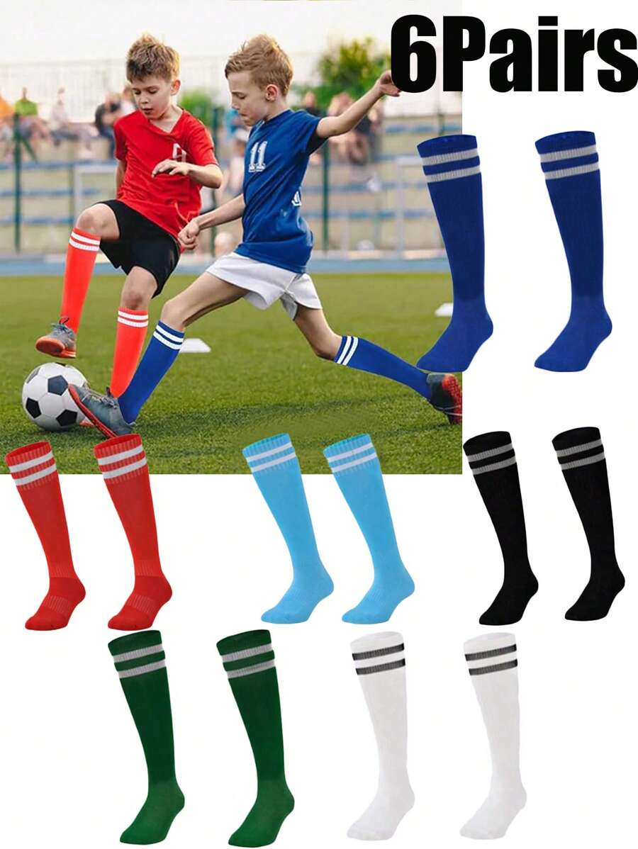 6 Pairs Teenage Team Sports Over-The-Knee Socks, Children Football Socks, Solid Color & Stripe Knee-High Sports Socks For 8-12 Years Old Boys And Girls
