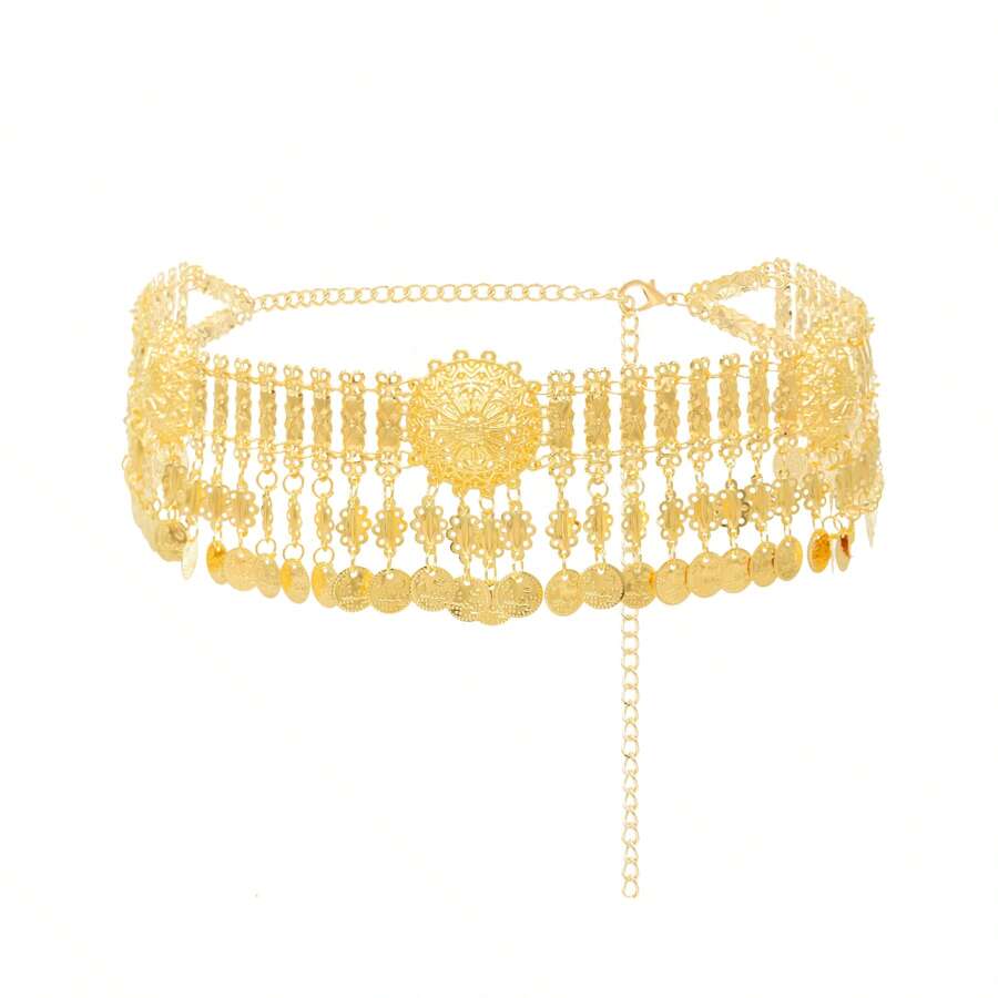 1 pièce Chaîne de taille vintage en forme de pièce de monnaie lourde, couleur or, bijoux de corps à la mode, vente en gros pour les voyages des femmes