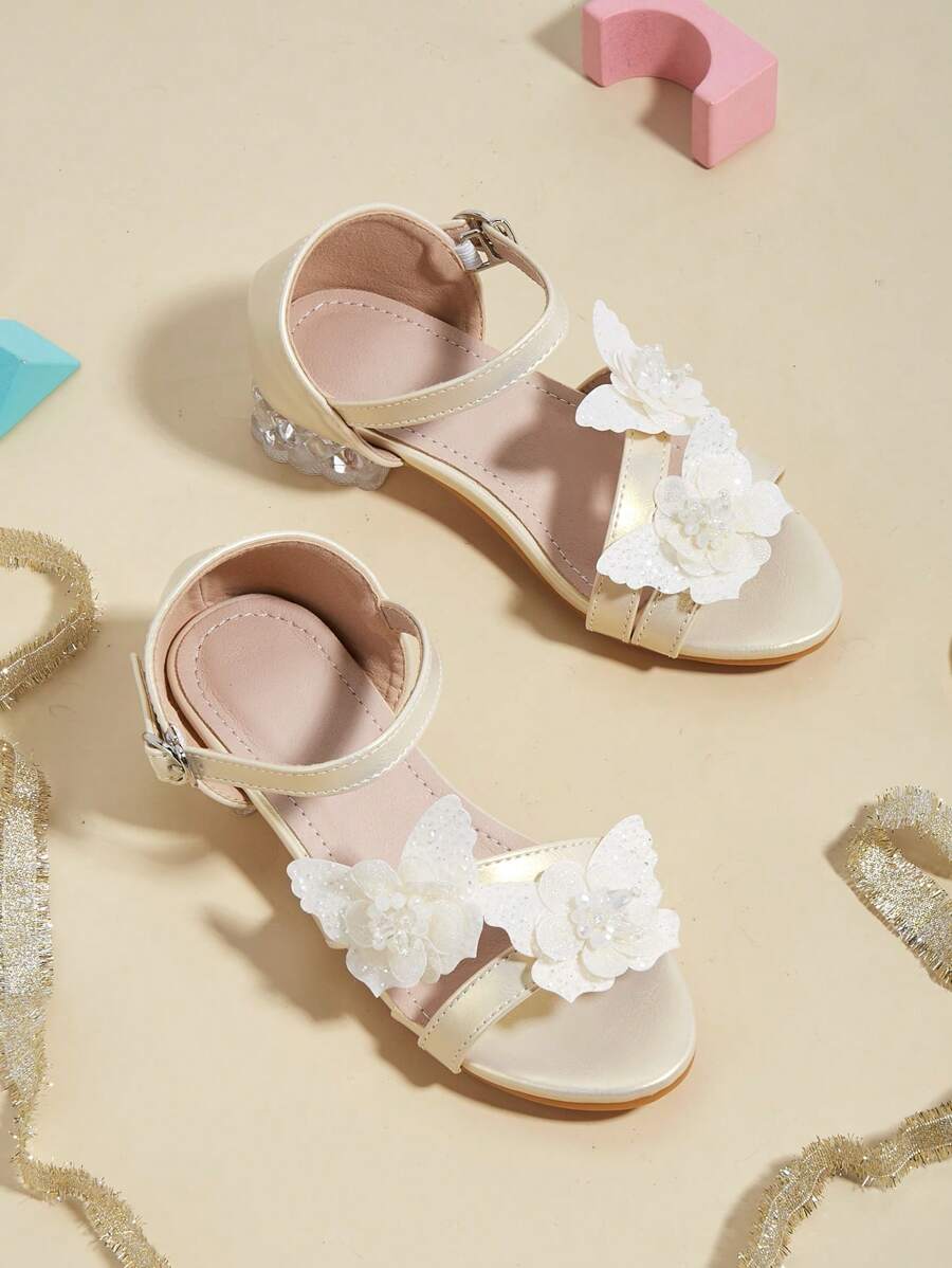 1 par de sandalias doradas con diseño de hebilla en forma de lazo, tacón ancho cómodo y punta abierta, para niños/niños pequeños, de estilo elegante y versátil, para primavera/verano/otoño
