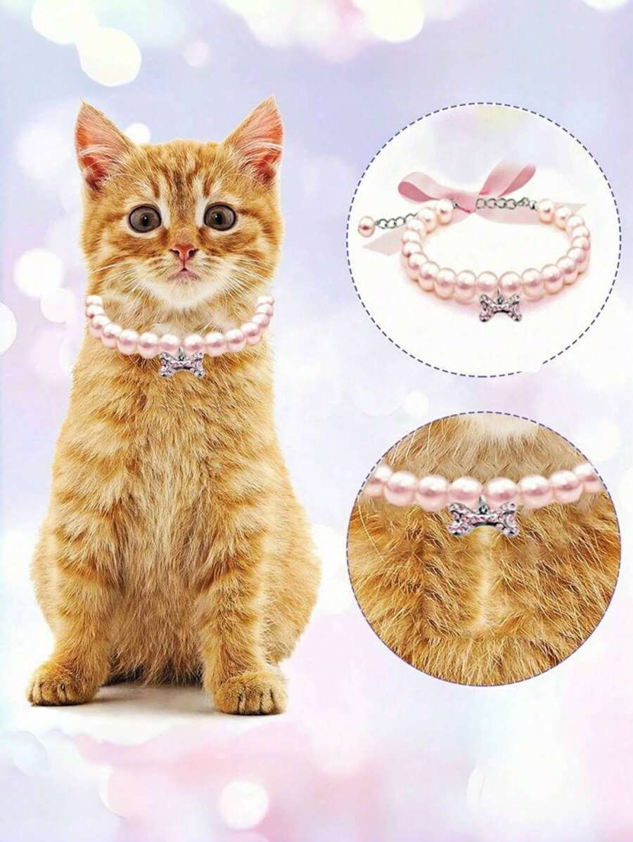 1 Piece Pink Dog And Cat Pearl Collar Necklace With Rhinestone Bone, Exquisite Cat Wedding Collar Jewelry, …Suitable For Girls Cat Puppy Accessories