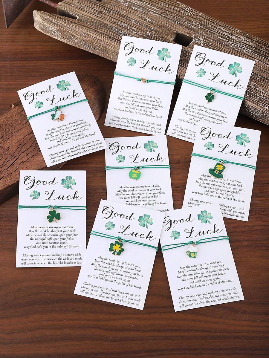 1 Stück Vintage grüner Klee, Hut, Bierdose, DIY Perlenarmband mit einstellbarem Verschluss und Glückwunschkarte für St. Patrick's Day, handgefertiges Geschenk für St. Patrick's Day