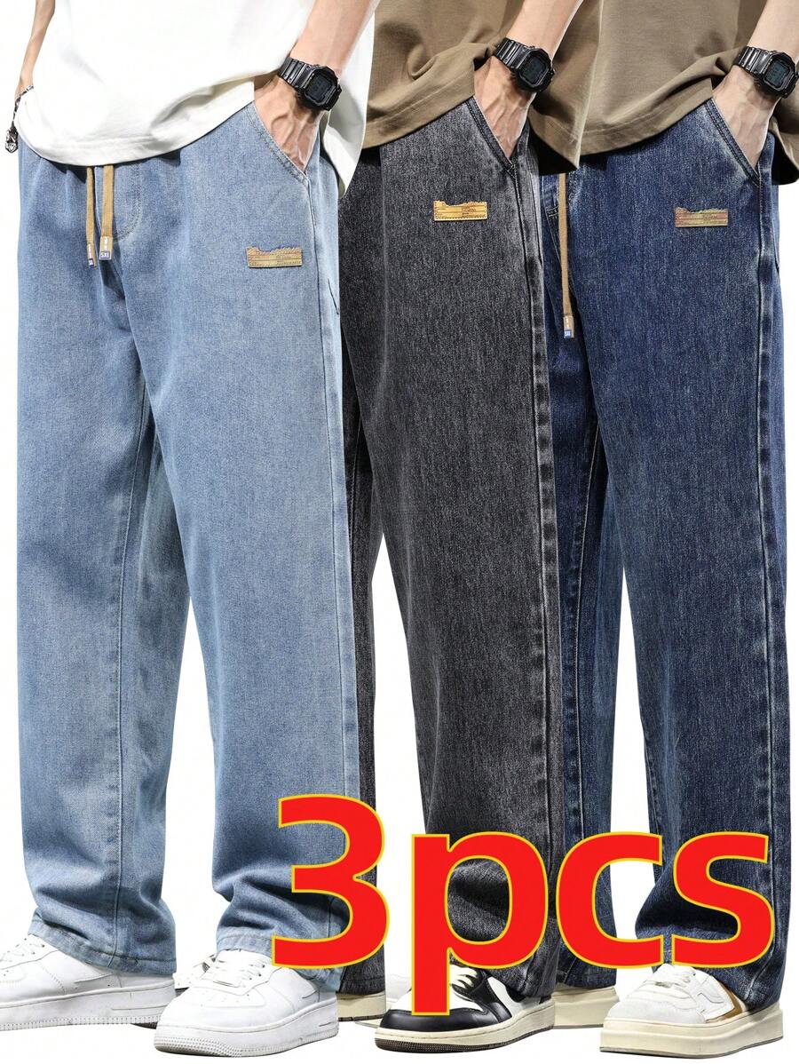 3 confezioni di jeans larghi a vita elastica con coulisse, lavati e delavati, adatti per abbinamenti quotidiani, jeans a gamba ampia con tasche, blu, grigi, neri