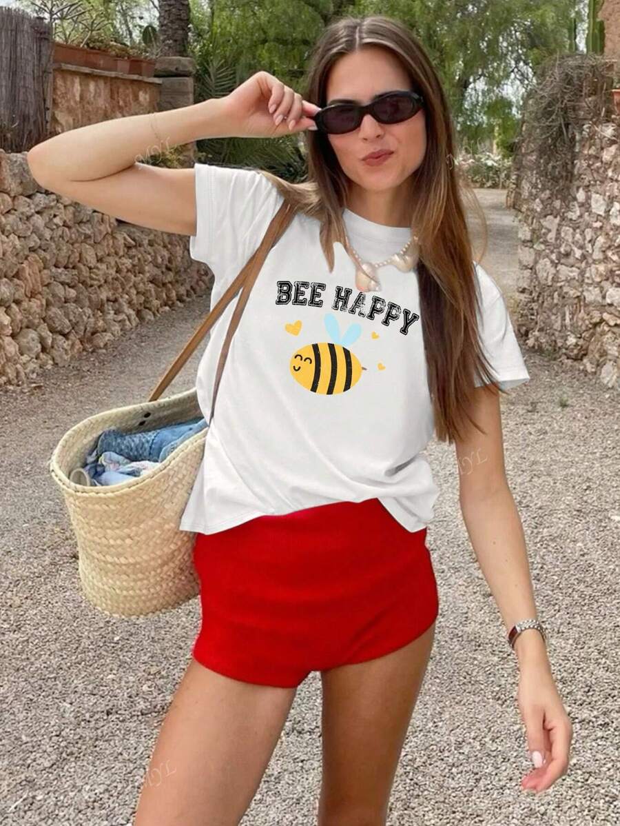 Bee Happy Print Ladies Casual Milk Silk Short Sleeve Top Summer Graphic Tees