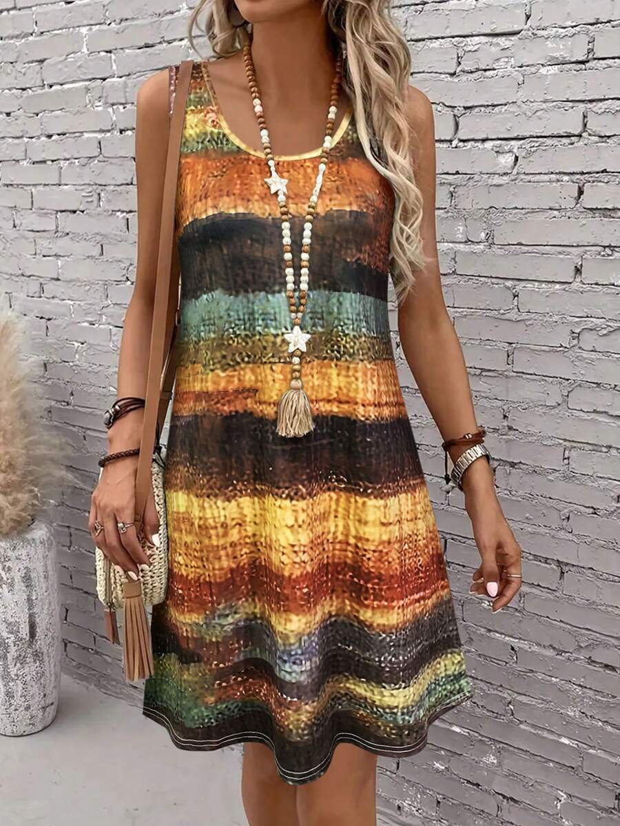 Women's Striped Sleeveless Mini Dress - Crew Neck Tank Beach Dress For Summer, Casual Vacation Outfit, Breathable A-Line Sundress,Fashion Dresses For Women Summer