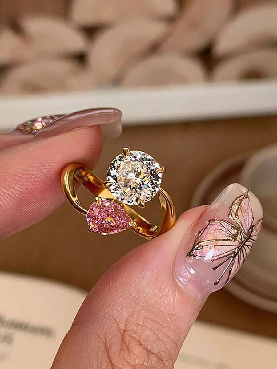 1pc Fashion Pink Cubic Zirconia Gold Open Ring, Suitable For Women's Daily Wear