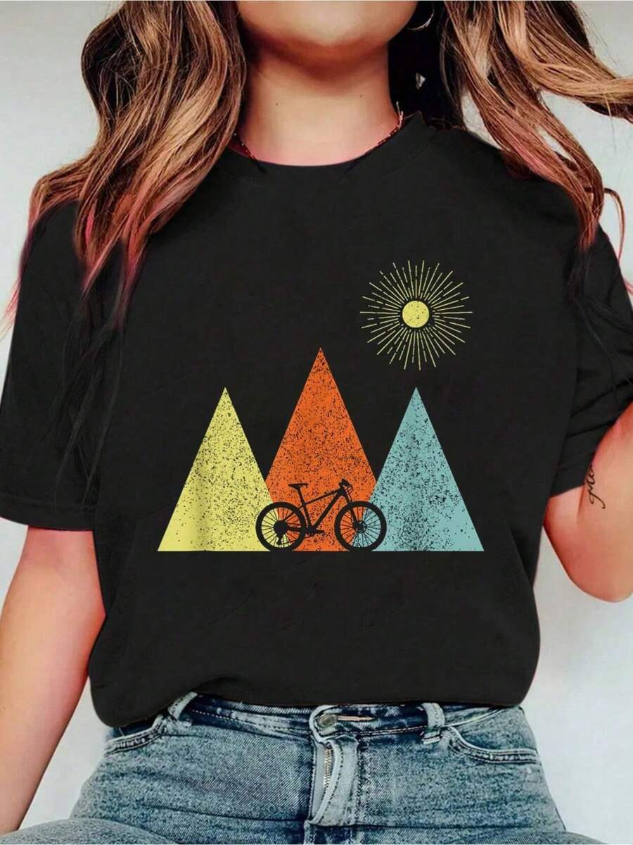 Vintage Mountain Bike MTB Bicycle Cycling Cyclist Biker Gifttees,Fashion Casual T-Shirt Print Crew Neck Casual T-Shirt Short Sleeve Sports Top, Smart Casual/Street Style Women's Clothing- Comfortable, Relaxed Fit, Printed Graphic Tee For Sport Lovers
