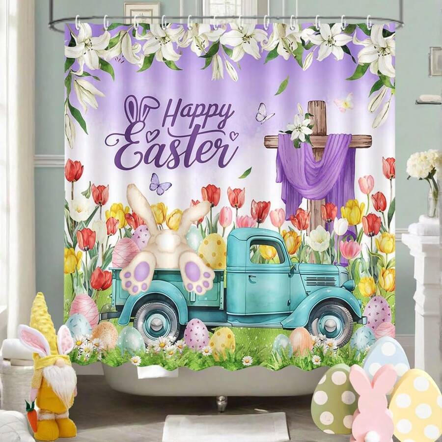 Easter Bunny Shower Curtain Spring Tulip Flower Truck Shower Curtain For Bathroom Easter Rabbits Cross Shower Curtain Happy Easter Bathtub Decor Home Bathroom Decor Bathroom Accessories Back To School