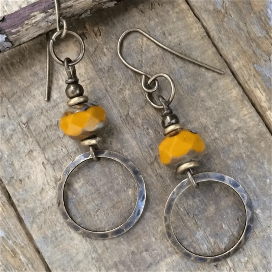 1 par de pendientes con colgante de círculo hueco vintage y decoración de turquesa falsa, joyería bohemia adecuada para uso diario o como regalo de fiesta