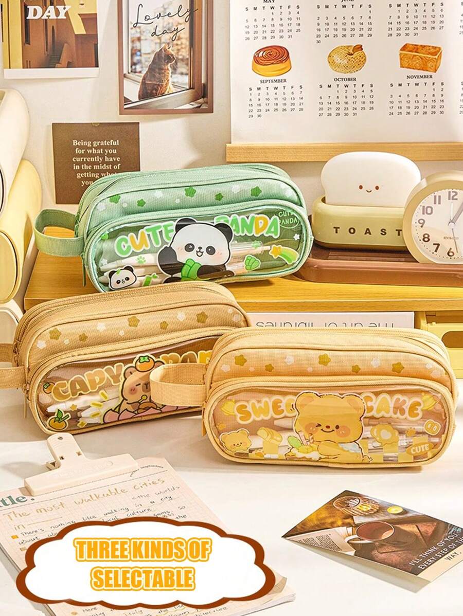 1 Large-Capacity Pencil Case, Cute Cartoon, Three-Layer Canvas Stationery Box For Students, High Appearance Level, Dirt-Resistant Pencil Case, Transparent Visible Hand-Held Stationery Bag, Washable Storage Bag,Pencil Pouch,School Bag, School Supplies,Back To School