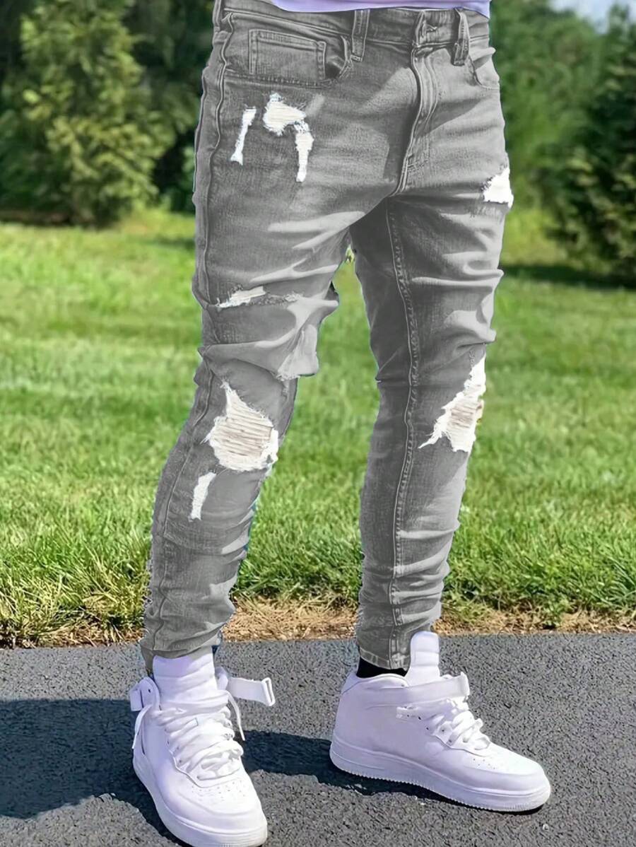 Jeans Skinny Casual Masculino Fashionable Desgastado e Lavado