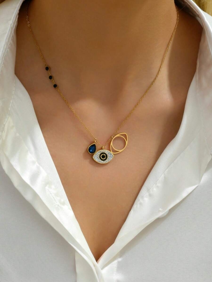1 Collier œil de Diable Mode Acier au Titane Strass Bleu Chaîne Clavicule Style Chaud Européen et Américain Design Personnalisé Mode Température Sentiments Haut de Gamme Porté au Quotidien par les Femmes