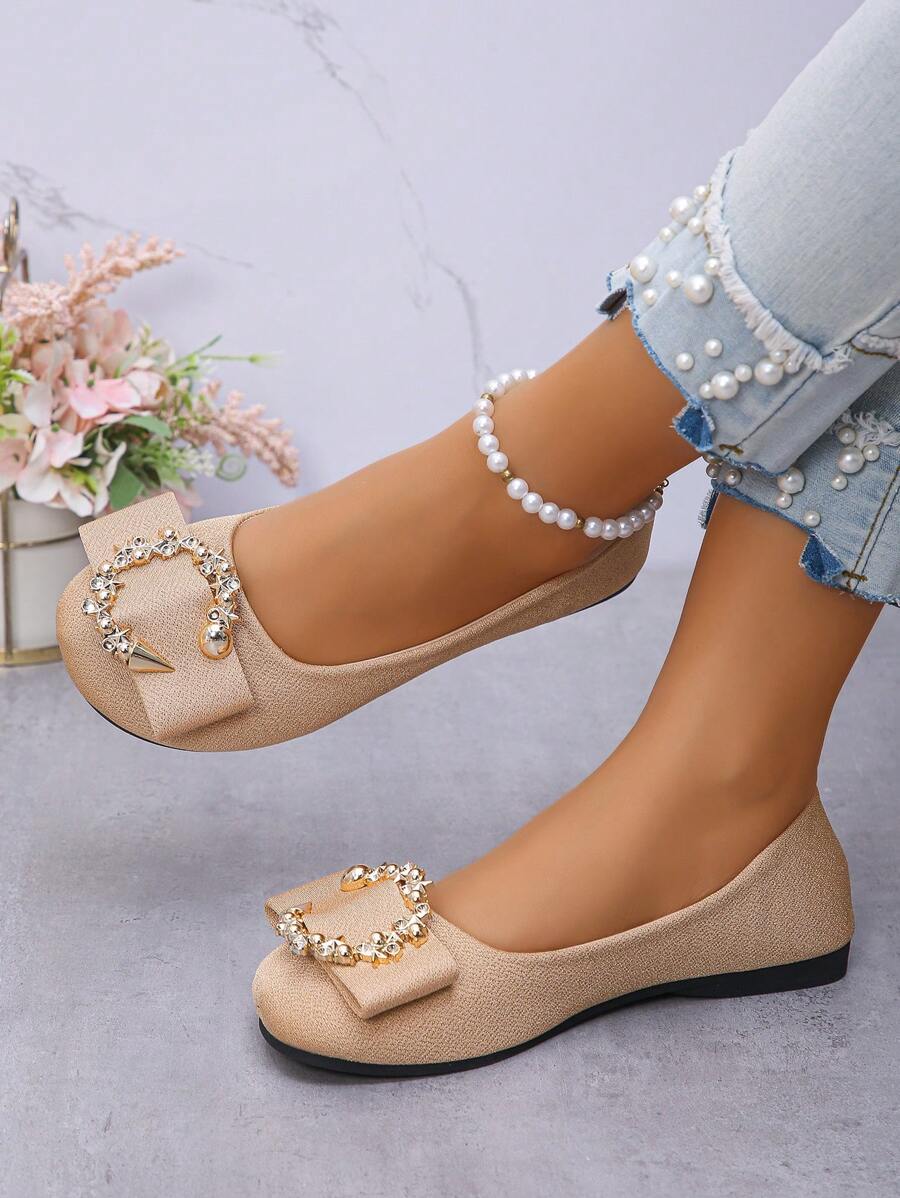 Plus Size Women's Fashionable Cute Mary Janes Flats, New Spring Casual Round Toe Metallic Flower Decor Slip On Comfortable Versatile Work/Driving Shoes