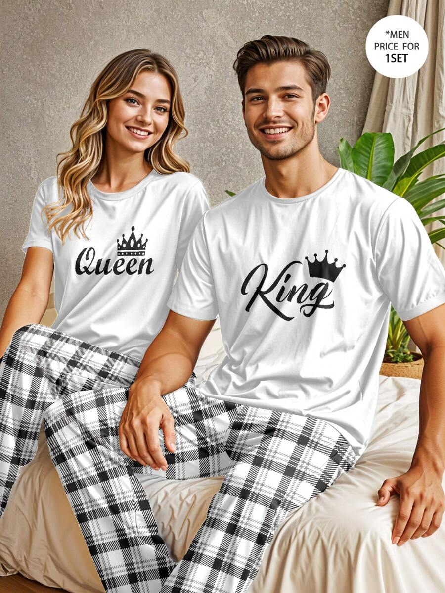 1 Set Men's Pajama Set Including 1 Plaid Long Pants And 1 White Short Sleeve T-Shirt With "King" Print