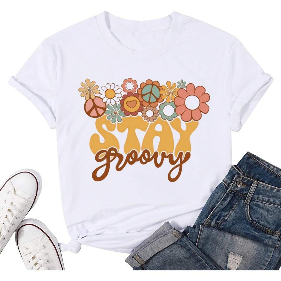 Retro Stay Groovy Shirt For Women Hippie 70s T-Shirt Cute Floral Graphic Tees Casual Summer Short Sleeve Tops